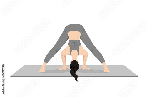 Intense Leg Stretch Pose, Prasarita Padottanasana, Feet Spread Intense Stretch Pose, Wide-Legged Forward Bend Pose. Young attractive woman practicing yoga exercise. working out, black wearing sports