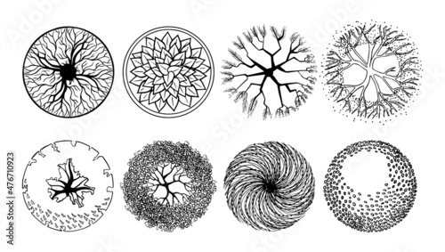 Set hand drawn sketch of trees top view