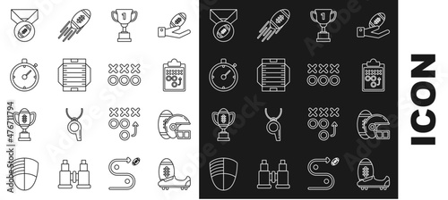 Set line Soccer or football shoes with spikes, American Football and helmet, Planning strategy concept, Award cup, field, Stopwatch, medal and icon. Vector