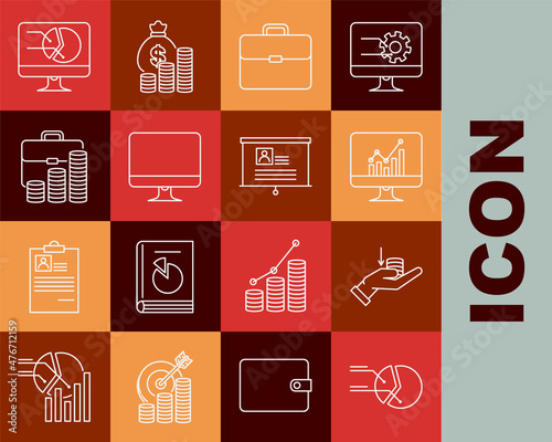 Set line Pie chart infographic, Money on hand, Computer monitor with, Briefcase, screen, coin, and Board resume icon. Vector