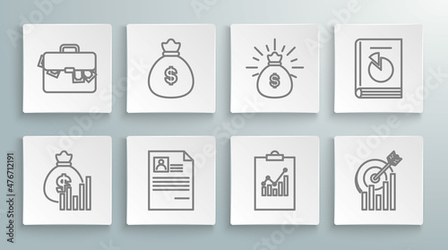 Set line Money bag and diagram graph, Resume, Clipboard with chart, Target, User manual and Briefcase money icon. Vector