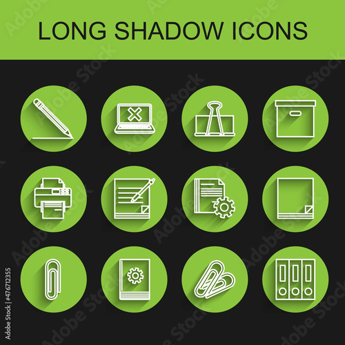 Set line Paper clip, User manual, Pencil with eraser and line, Office folders papers documents, Blank notebook pen, File and Document settings gears icon. Vector