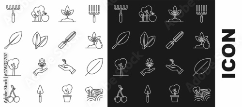 Set line Farm House concept, Leaf, Watering plant, Plant, Leafs, Garden rake and Gardening handmade scissors for trimming icon. Vector