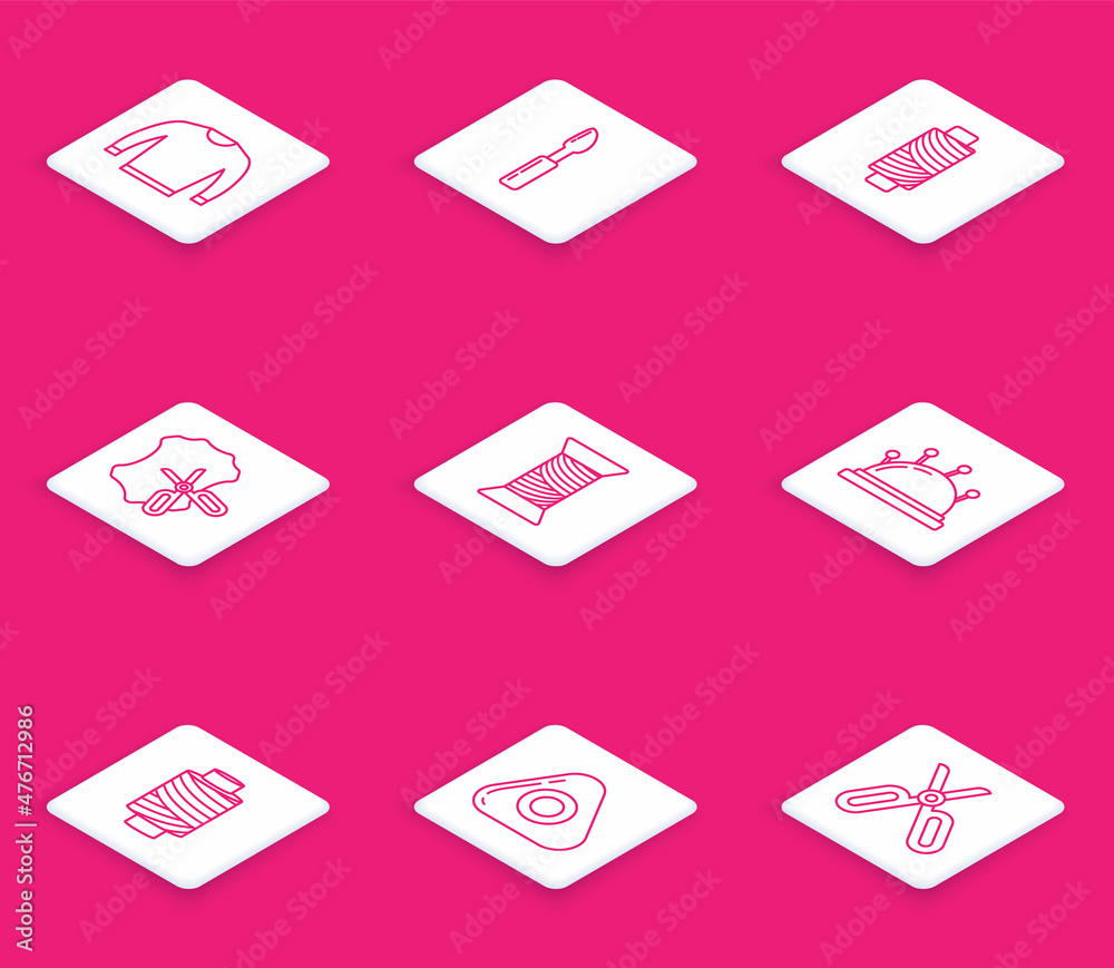 Set line Sweater, Cutter tool, Sewing thread on spool, Scissors and leather, Needle bed needles, and chalk icon. Vector Set line Sweater, Cutter tool, Sewing thread on spool, Scissors and leather, Needle bed needles, and chalk icon. Vector