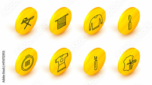 Set line Scissors and leather, Cutter tool, Woman dress, Round adjustable embroidery hoop, Sweater, Knitting and Electric iron ironing board icon. Vector