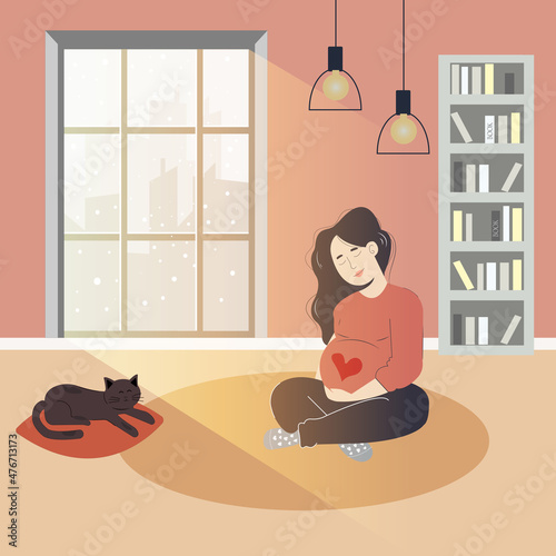 good morning. pregnant girl thinks about her baby in yoga pose with a pet