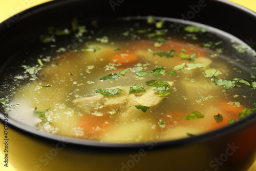 Concept of tasty food with chicken soup, close up