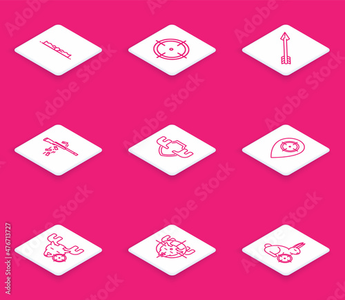 Set line Trap hunting, Target sport for shooting competition, Hipster arrow, Gun, Moose horns shield, Hunt place, moose with crosshairs and icon. Vector
