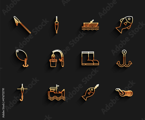 Set line Fishing hook and float, boat with fishing rod on water, net, Spinning reel for, and boots icon. Vector