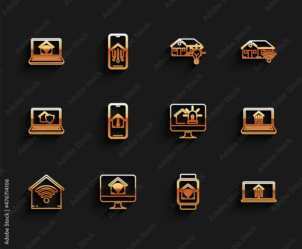 Set line Smart home with wi-fi, Computer monitor smart, Laptop, watch, Mobile phone house temperature, and and alarm icon. Vector