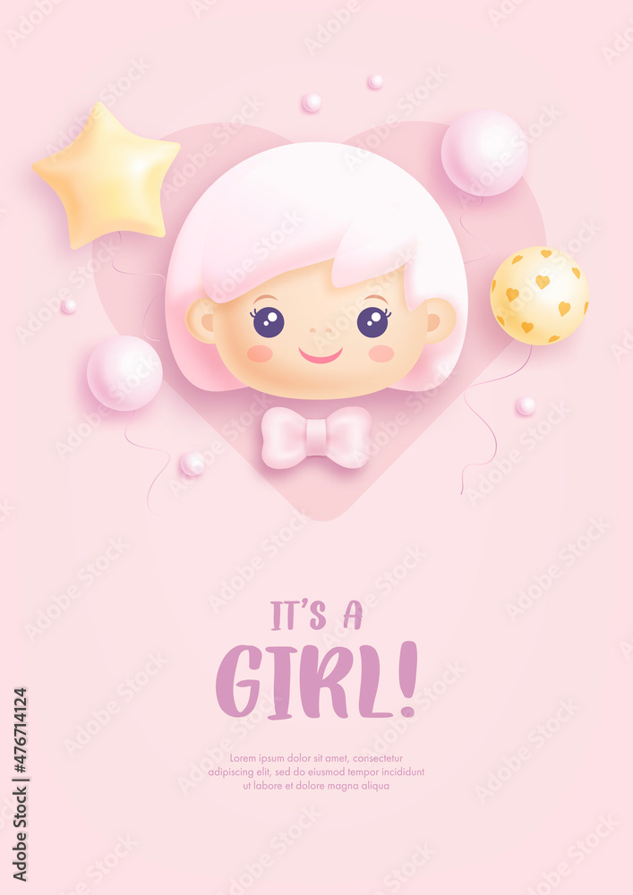 Baby shower invitation with cartoon baby girl and helium balloons on pink background. It's a girl. Vector illustration