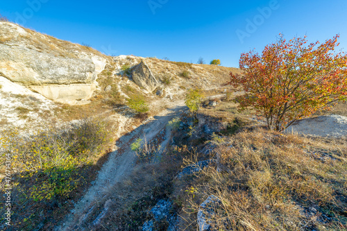 Photos of the Crimean autumn peninsula, Ak-Kaya White rock, Belogorsky district, the Biyuk-Karasu river, the Mousterian era, the settlements of the Sarmatians and Scythians, Altyn Teshik cave