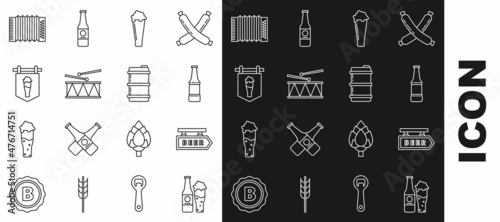 Set line Beer bottle and glass, Street signboard with inscription, Glass of beer, Musical instrument drum drum sticks, accordion and Metal keg icon. Vector