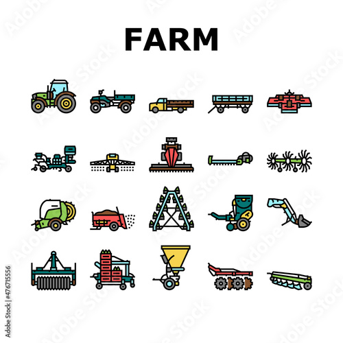 Farm Equipment And Transport Icons Set Vector. Baler And Manure Spreader, Hydroponic And Transplanter Machinery Farm Equipment Line. Tractor And Truck Farmland Car Color Illustrations
