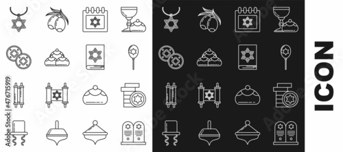 Set line Tombstone with star of david, Jewish coin, Balloons ribbon, calendar, sweet bakery, Star David necklace chain and torah book icon. Vector