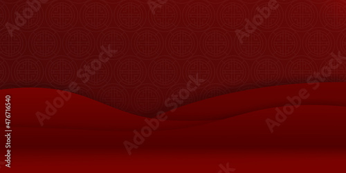 Empty Studio room paper cut with runar on wall background,Vector Red Gallery room with Minimal design backdrop for products presentation on Christmas, Valentine or Chinese New Year 2022