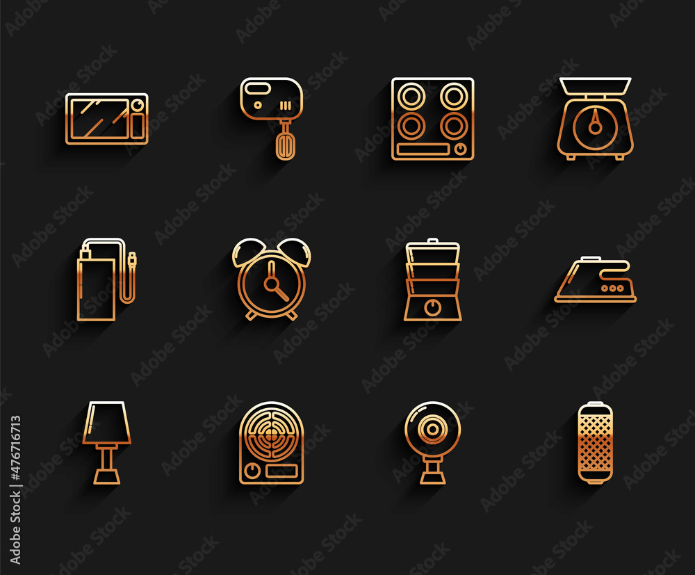 Set line Table lamp, Electric heater, Microwave oven, Web camera, Stereo speaker, Alarm clock, iron and Double boiler icon. Vector Set line Table lamp, Electric heater, Microwave oven, Web camera, Stereo speaker, Alarm clock, iron and Double boiler icon. Vector