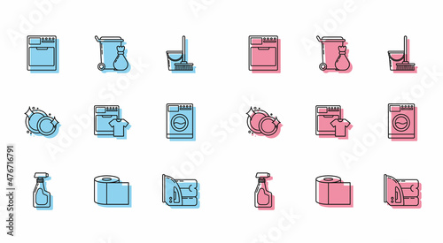 Set line Cleaning spray bottle with detergent liquid, Toilet paper roll, Washer, Electric iron and towel, t-shirt, Washing dishes and Trash can icon. Vector