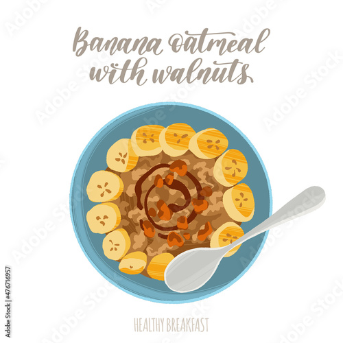 Delicious healthy breakfast. Banana oatmeal with walnuts. Hand drawn dish in trendy flat style.