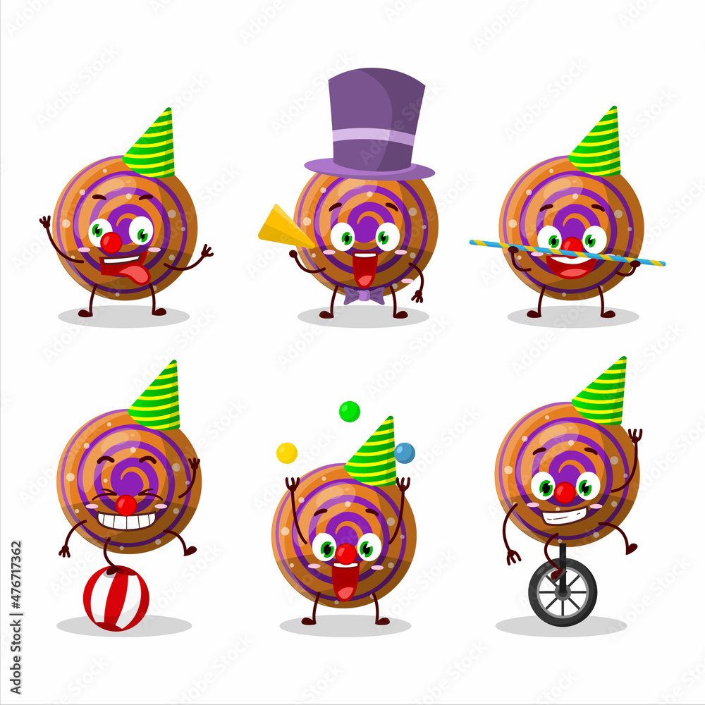 Cartoon character of orange spiral gummy candy with various circus shows Cartoon character of orange spiral gummy candy with various circus shows