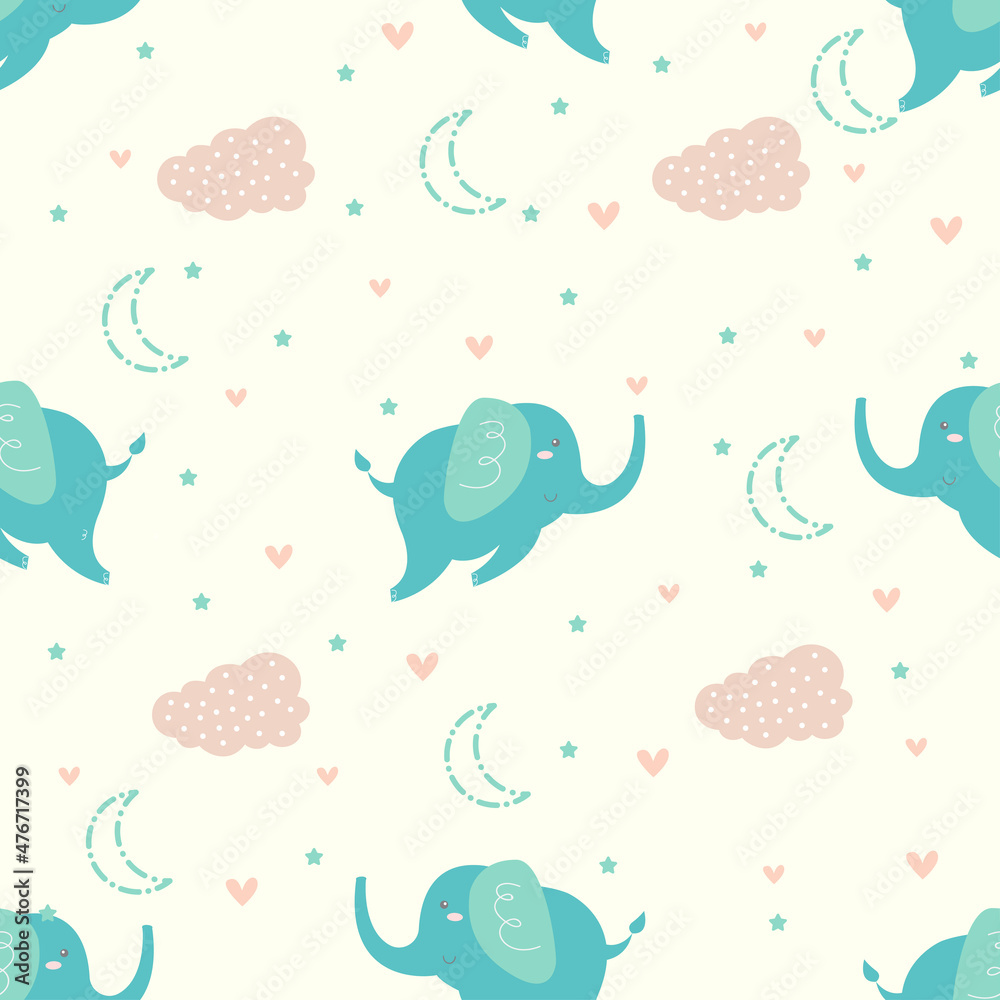 blue cute elephant seamless pattern with clouds, stars and moon in soft pastel color