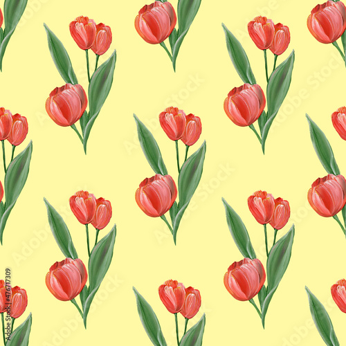 Seamless pattern with red tulips and green leaves on a yellow background. Delicate spring flowers. Watercolor illustration. For the design of postcards  textiles  gift wrapping.