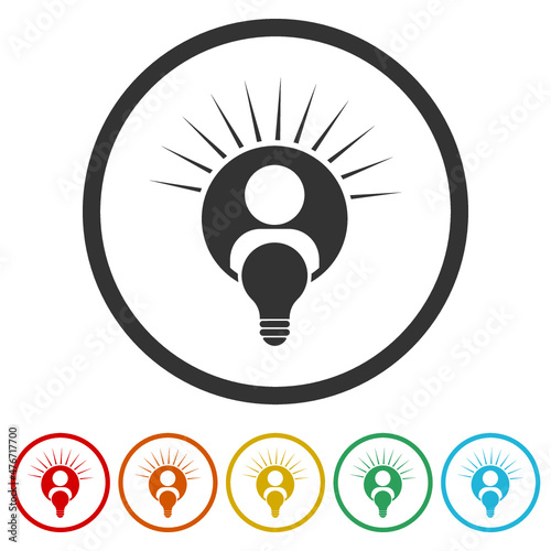 Light bulb and human head icon isolated on white background, color set