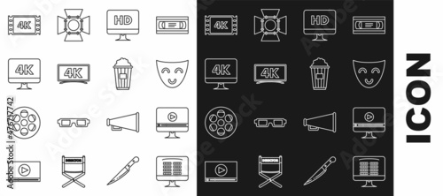 Set line Buy cinema ticket online, Online play video, Comedy theatrical mask, Computer PC monitor with HD technology, 4k, movie, tape, frame and Popcorn cardboard box icon. Vector