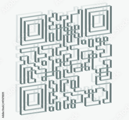 3D QR code, three-dimensional filament, metallic effect, on grey background with shadow.