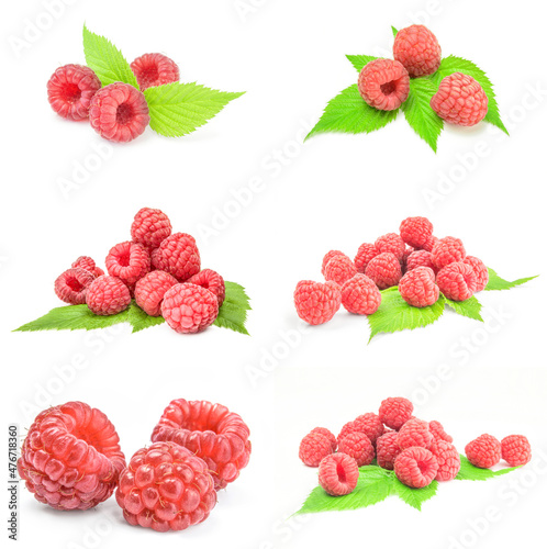 Collage of raspberries with leaves close-up isolated on white background