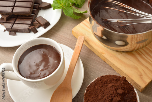 Cup homemade hot chocolate freshly served from the saucepan elevated