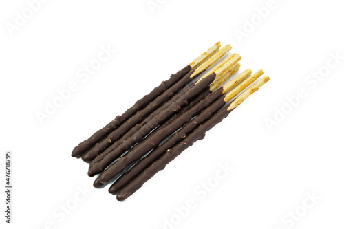 Chocolate covered biscuit sticks isolated on white background. Close up of chocolate biscuit stick.