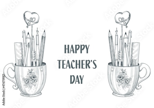 Let's celebrate happy teacher's day cup and pencil sketch photo