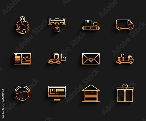 Set line Support operator in touch, Computer monitor with app delivery tracking, Worldwide, Closed warehouse, Gift box, Forklift truck, Delivery cardboard boxes and Envelope icon. Vector