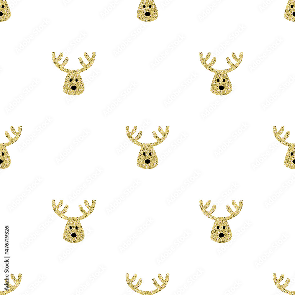 Obraz premium seamless christmas festive pattern background with gold glitter cute reindeer cartoon face