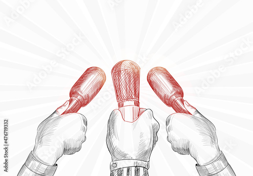 Journalism and conference concept Many reporter hands hold microphones sketch design