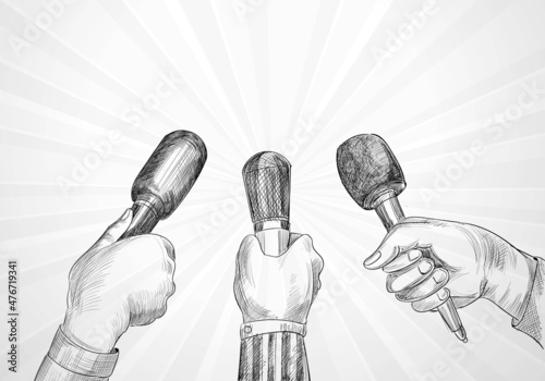 Journalism and conference concept Many reporter hands hold microphones sketch design