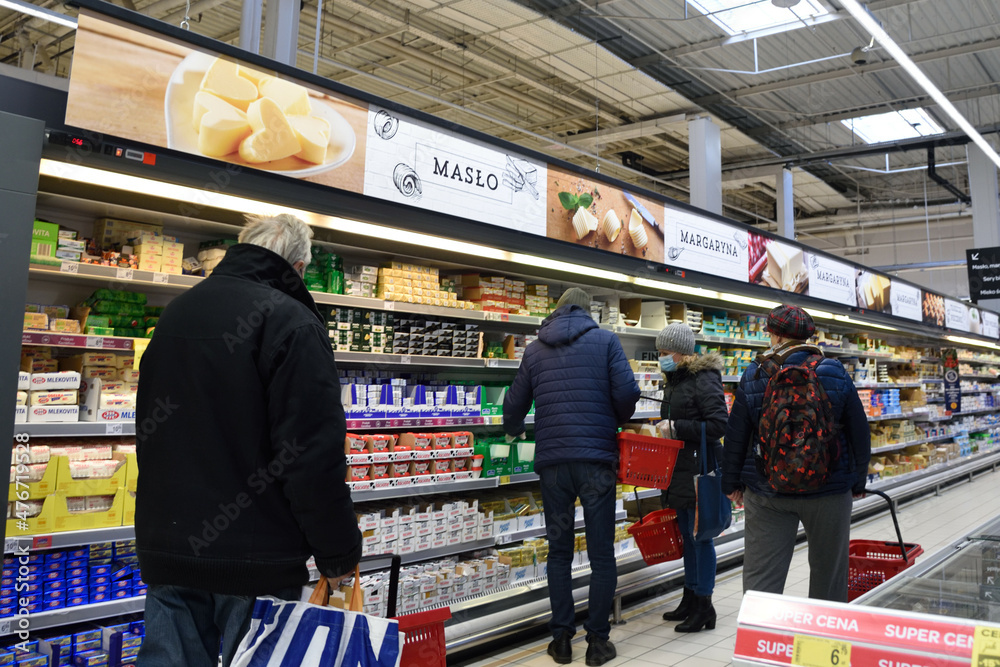 Wroclaw, Poland - 2nd December 2021: shopping before Christmas, higher  prices and inflation. Shelfs with much more expensive butter. Stock Photo |  Adobe Stock