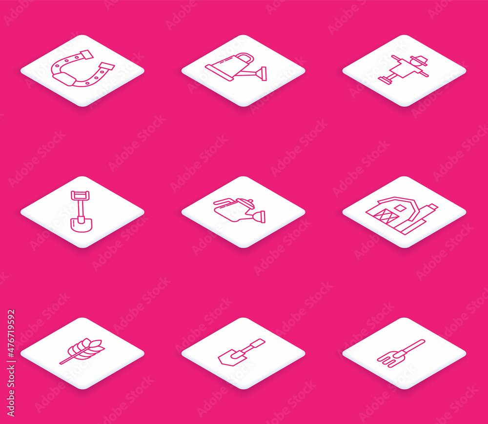 Set line Horseshoe, Watering can, Scarecrow, Shovel, Farm House concept, Cereals with rice, wheat, corn, oats, rye and icon. Vector Set line Horseshoe, Watering can, Scarecrow, Shovel, Farm House concept, Cereals with rice, wheat, corn, oats, rye and icon. Vector