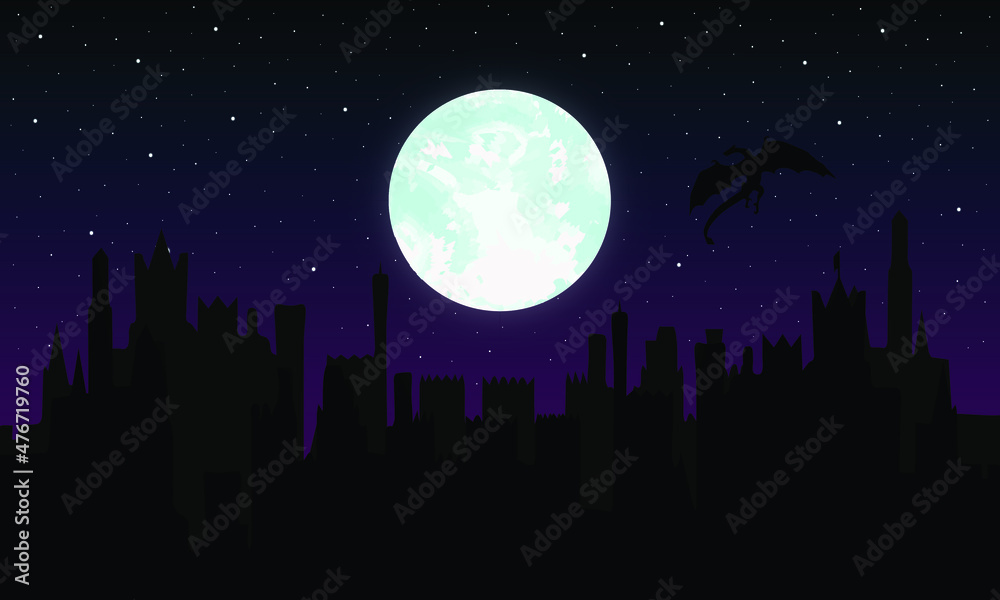 the moon in the starry sky above the castle and a soaring dragon the moon in the starry sky above the castle and a soaring dragon