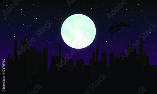 the moon in the starry sky above the castle and a soaring dragon