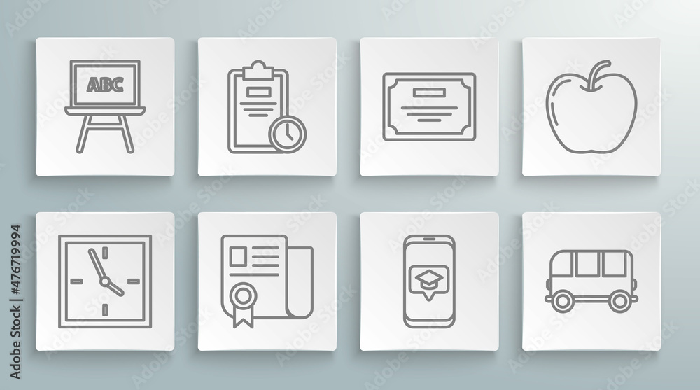 Set line Clock, Exam sheet with clock, Certificate template, Graduation cap on screen smartphone, School Bus, Apple and Chalkboard icon. Vector