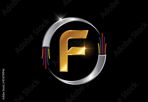 Initial F monogram letter alphabet with electric wire, optical fiber cable. Font emblem.