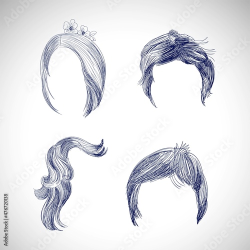 Set of different hairs and hairstyle drawing sketch