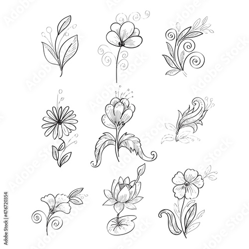 Modern realistic hand drawn sketch flowers set design
