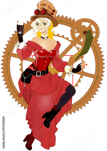 steampunk anime girl sitting on a big gear 