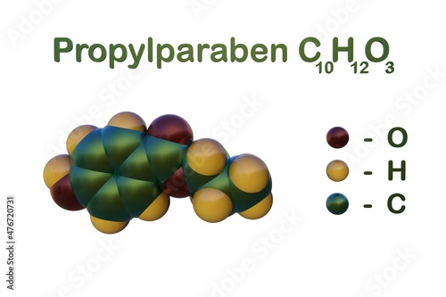 Structural chemical formula and space-filling molecular model of propylparaben, which is used as a preservative in food, pharmaceutical and personal care industries. 3d illustration photo