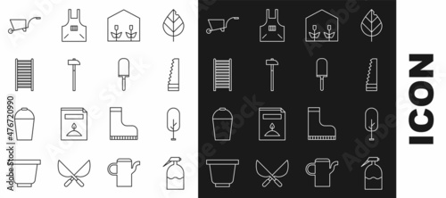Set line Garden sprayer, Tree, saw, Home greenhouse and plants, Hammer, Wooden staircase, Wheelbarrow and trowel spade or shovel icon. Vector
