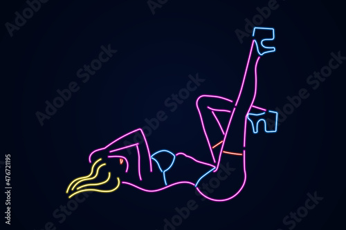 Neon stripper dancer. Glowing line woman with his heels raised upside down strip bar symbol with hot erotic dances and attractive sexy vector girls