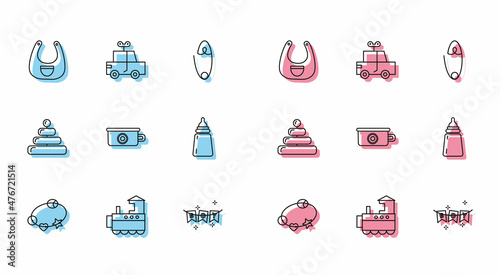 Set line Rattle baby toy, Toy train, Baby bib, Carnival garland with flags, potty, bottle, Pyramid and car icon. Vector